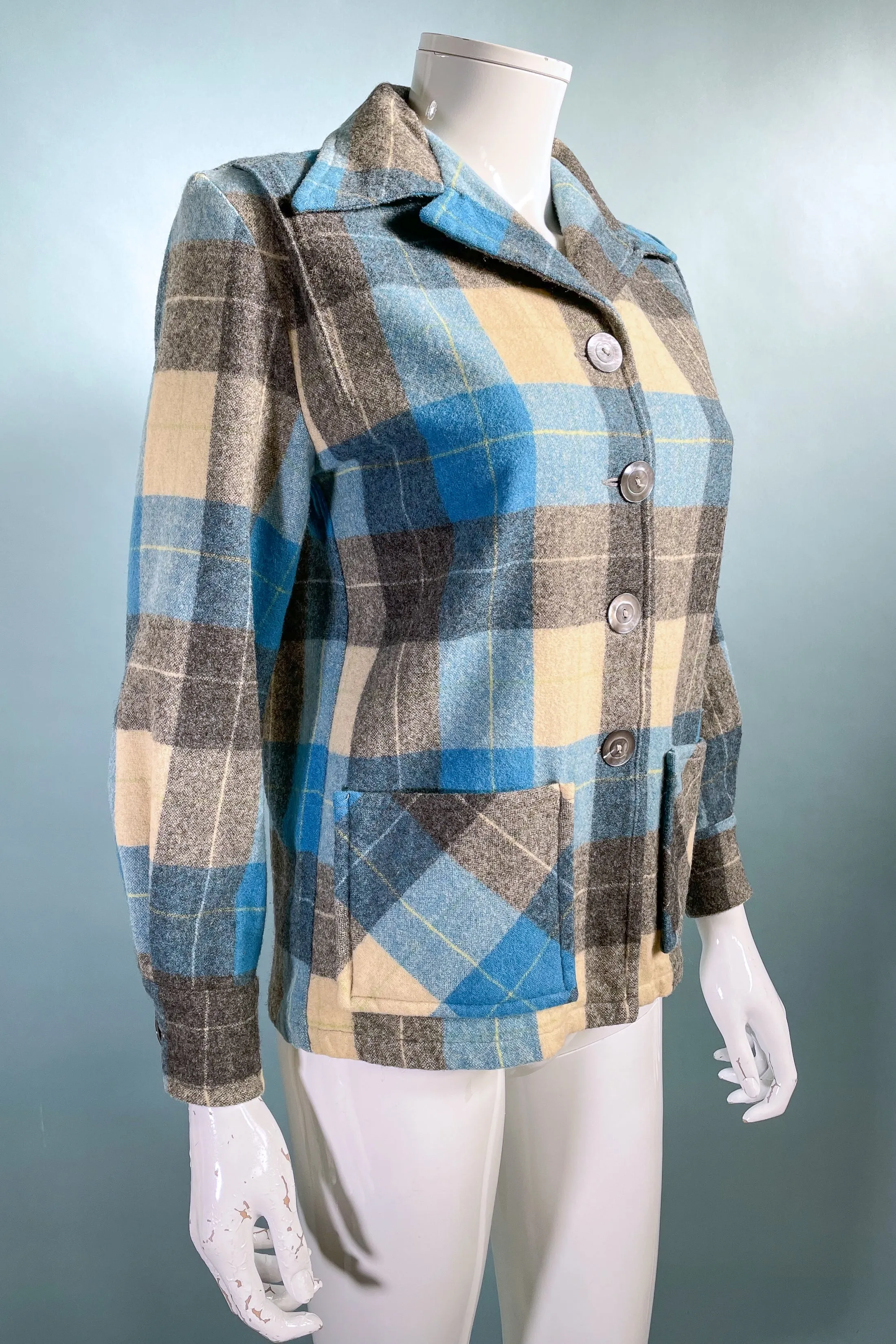 Vintage 40s/50s Wool 49er Jacket, Blue/Cream Grey Plaid XS/P