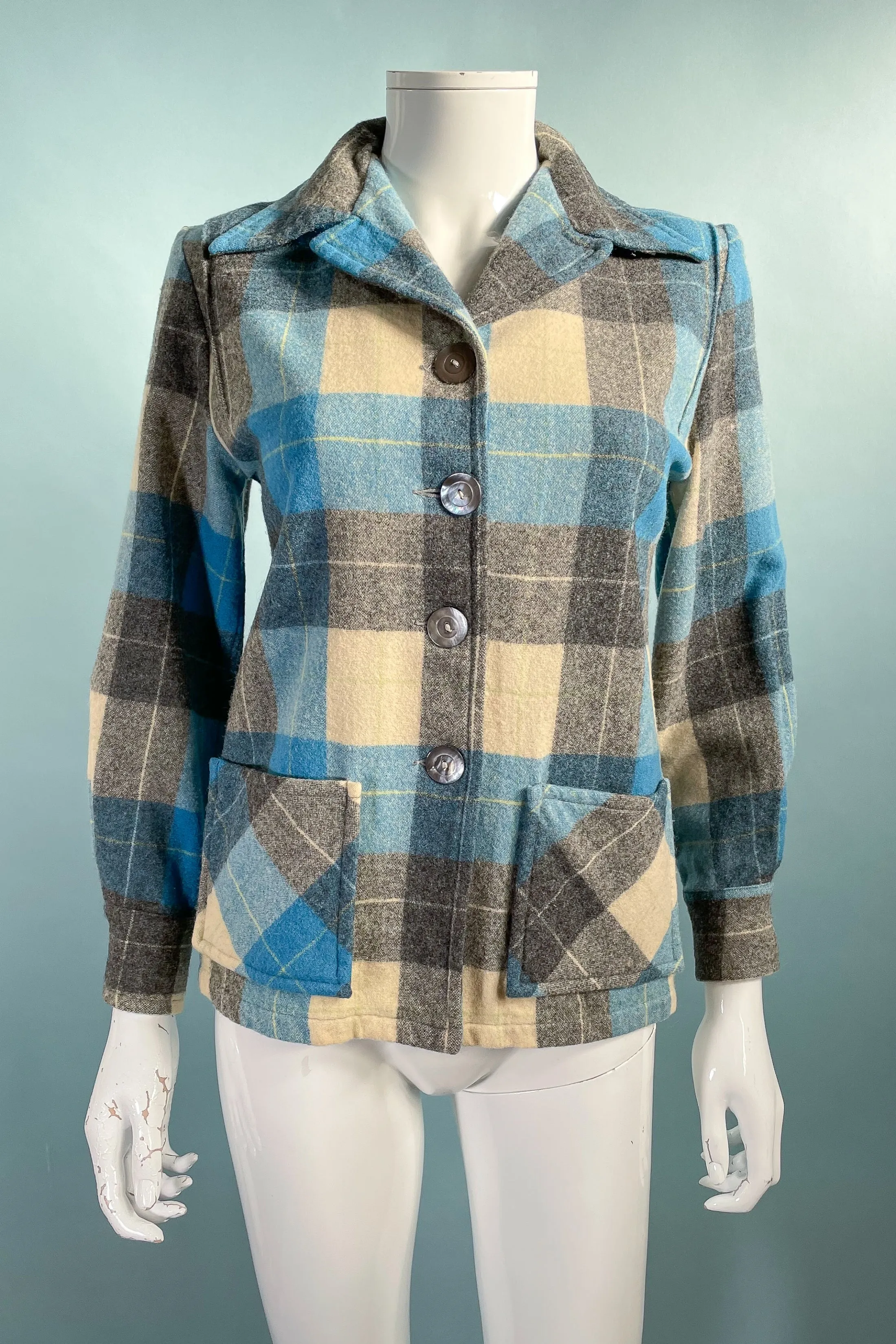 Vintage 40s/50s Wool 49er Jacket, Blue/Cream Grey Plaid XS/P