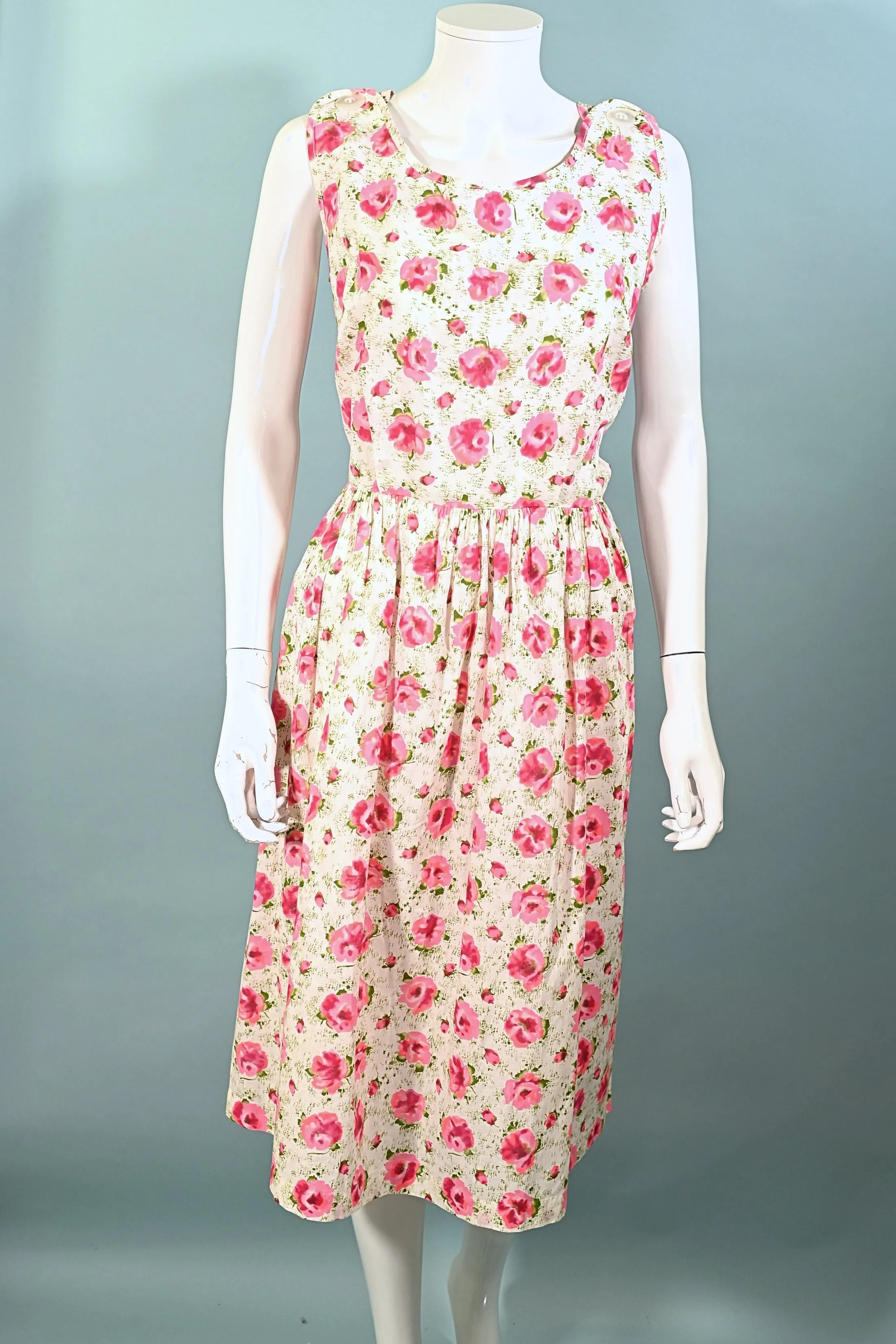 Vintage 50s Cotton Floral Print Dress   Belt   Pocket, 31" Waist