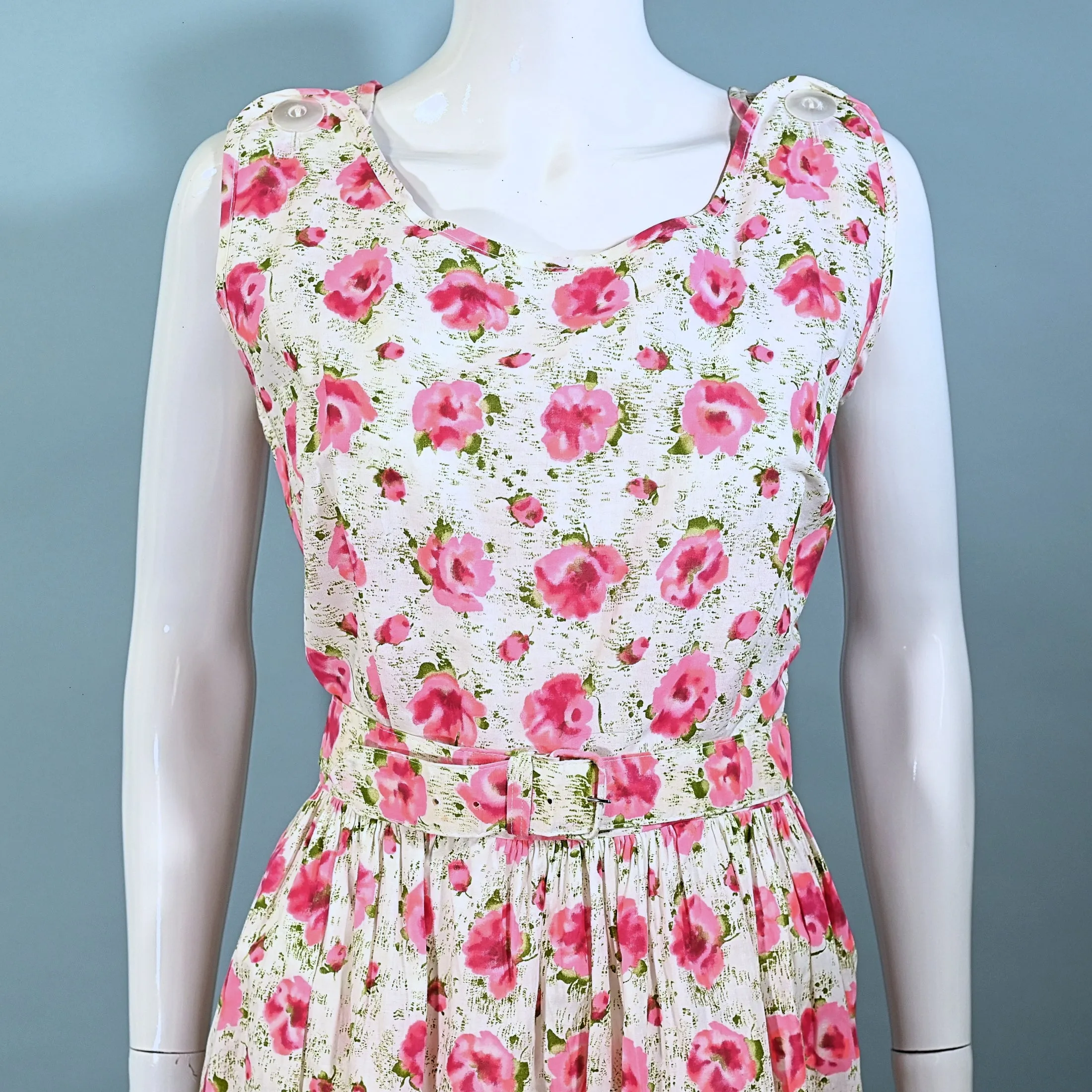 Vintage 50s Cotton Floral Print Dress   Belt   Pocket, 31" Waist