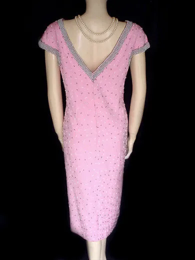 *VINTAGE '50s GENE SHELLY PINK & BLACK BEADED RAYON DRESS - MADE IN HONG KONG