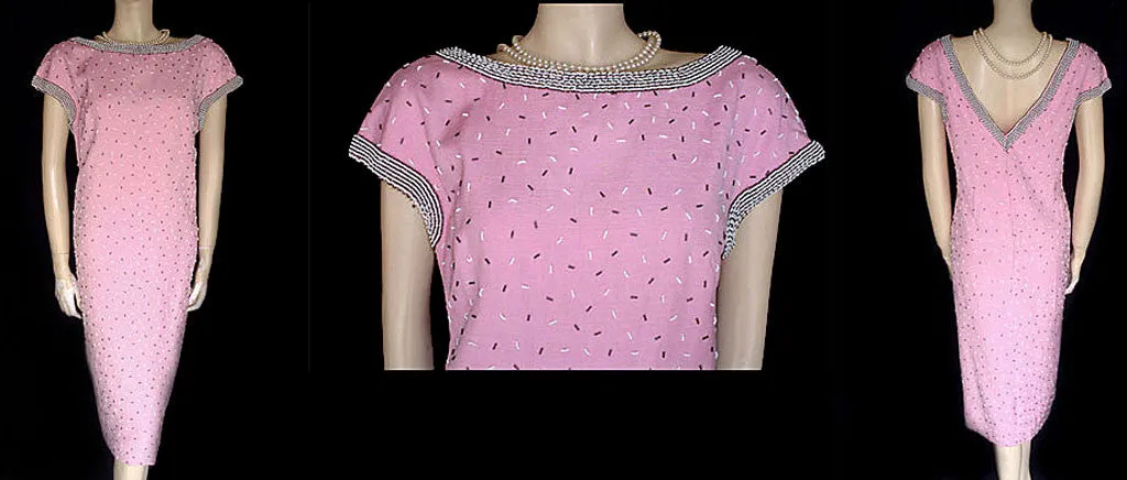 *VINTAGE '50s GENE SHELLY PINK & BLACK BEADED RAYON DRESS - MADE IN HONG KONG