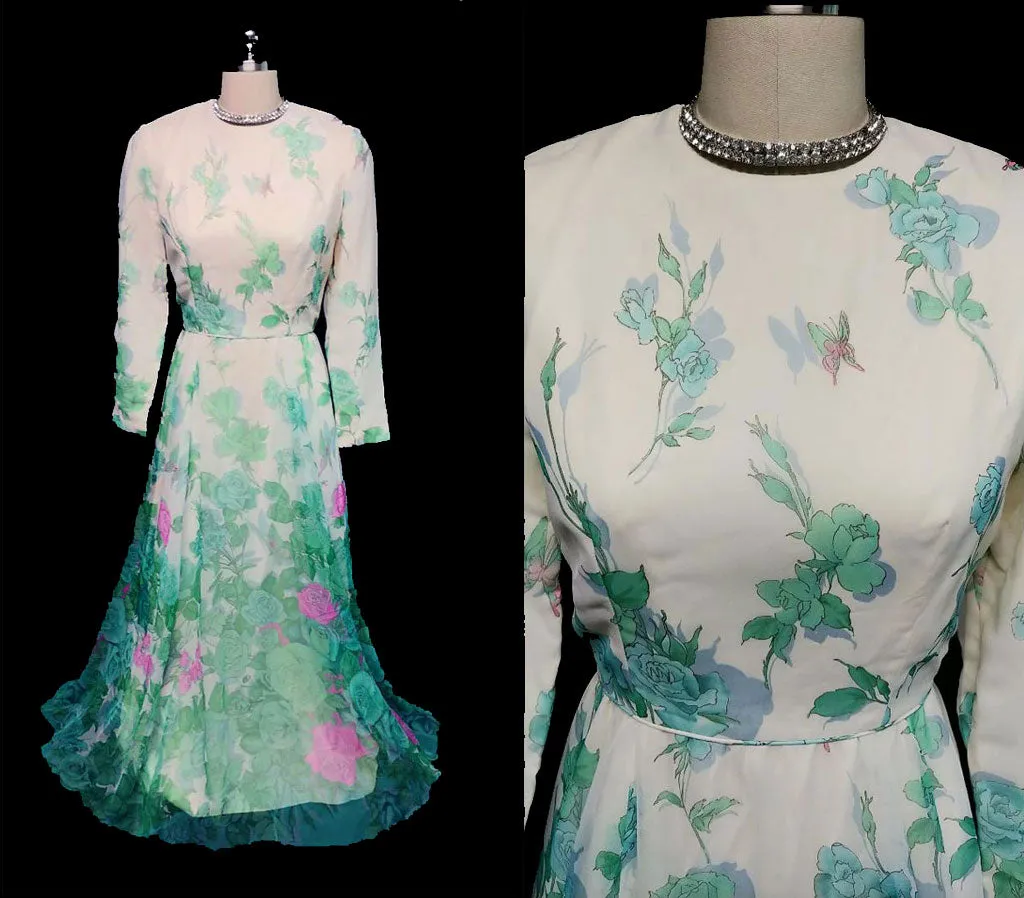 *VINTAGE 60's / 70's POSH BY JAY ANDERSON SHEER FLORAL & BUTTERFLY GARDEN PARTY TEA DRESS