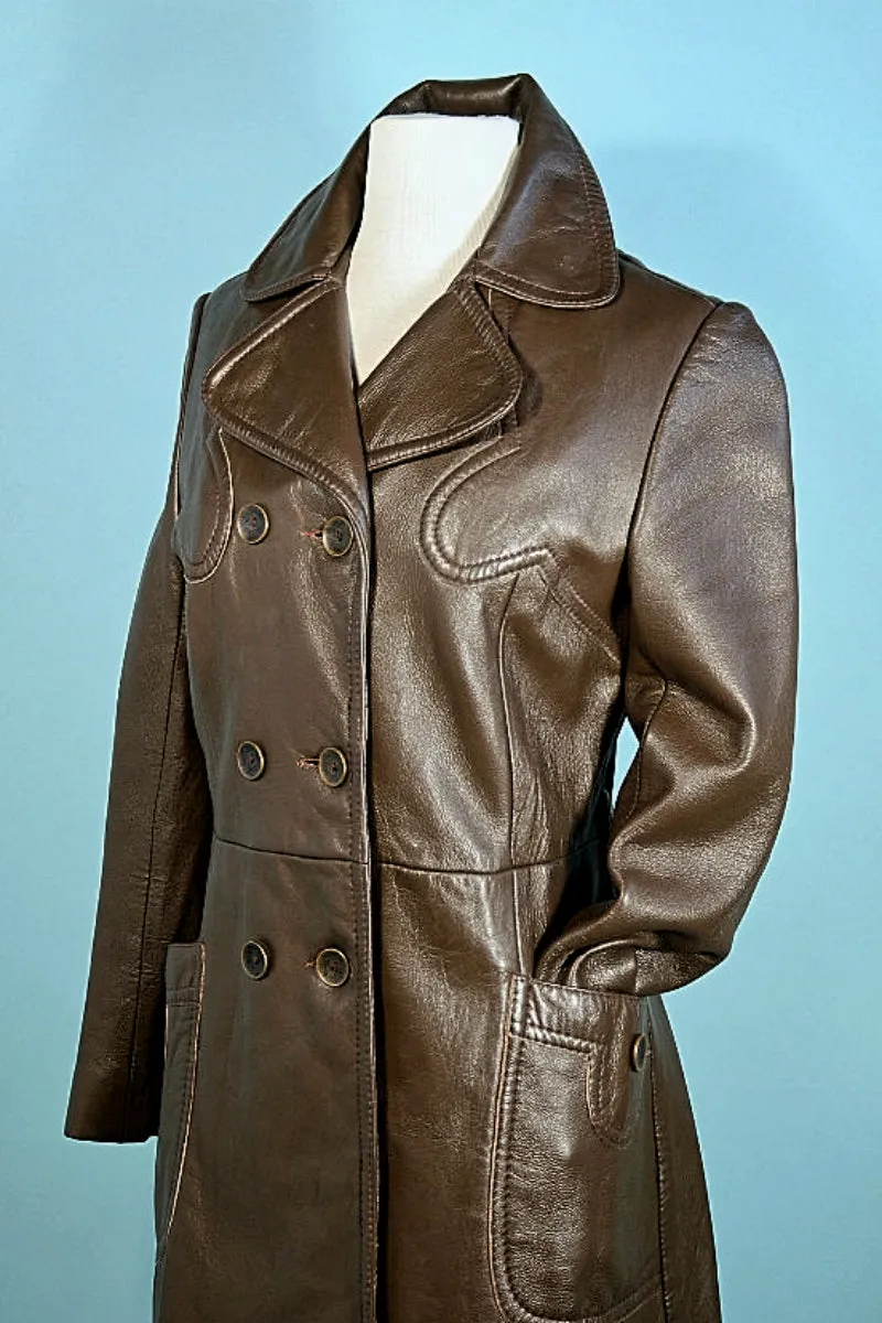 Vintage 60s Brown Leather Double Breasted Coat, Mod Hippie Leather Trench Coat S