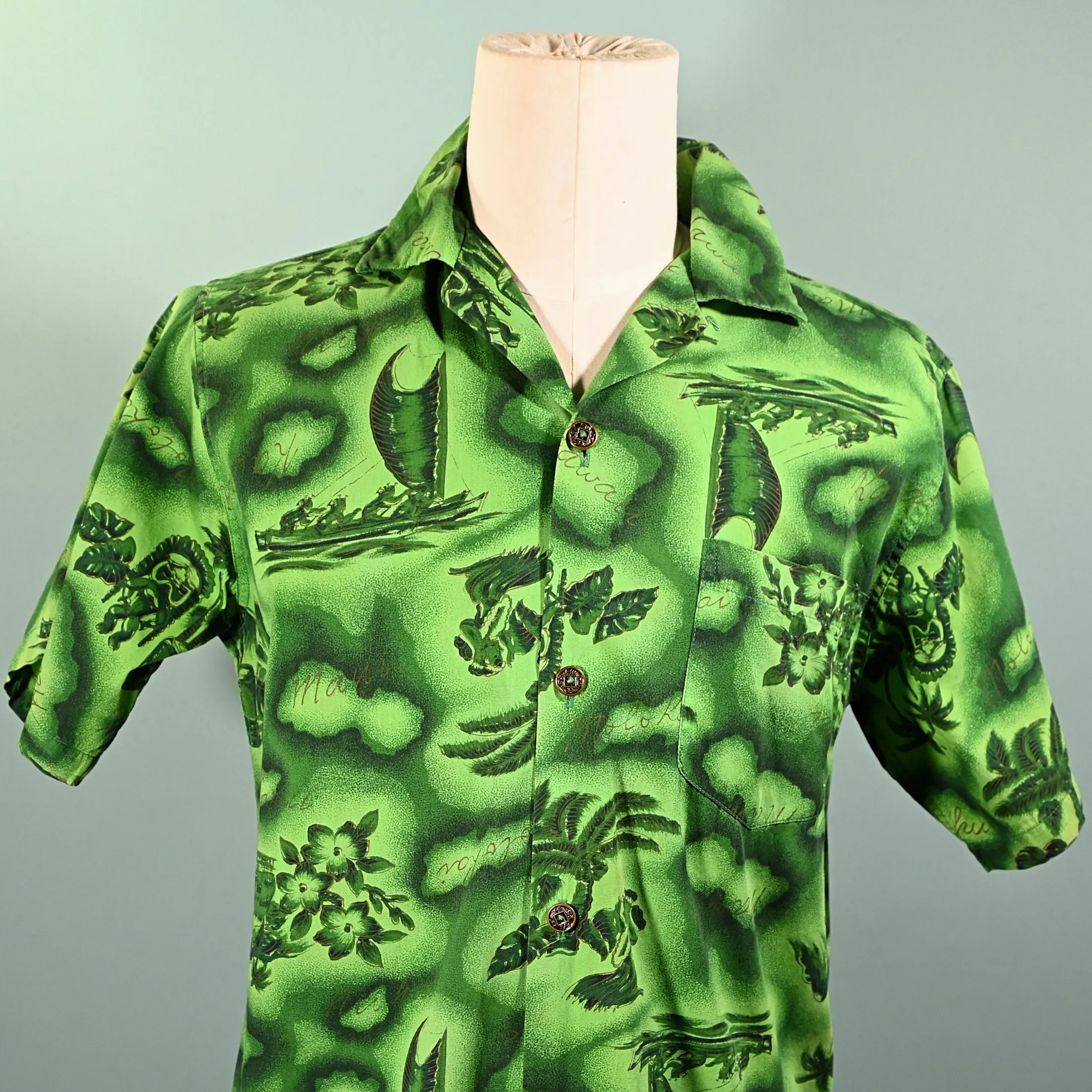 Vintage 60s Made in Hawaii Aloha Shirt, Green/Gold Hula Girls Island Print S