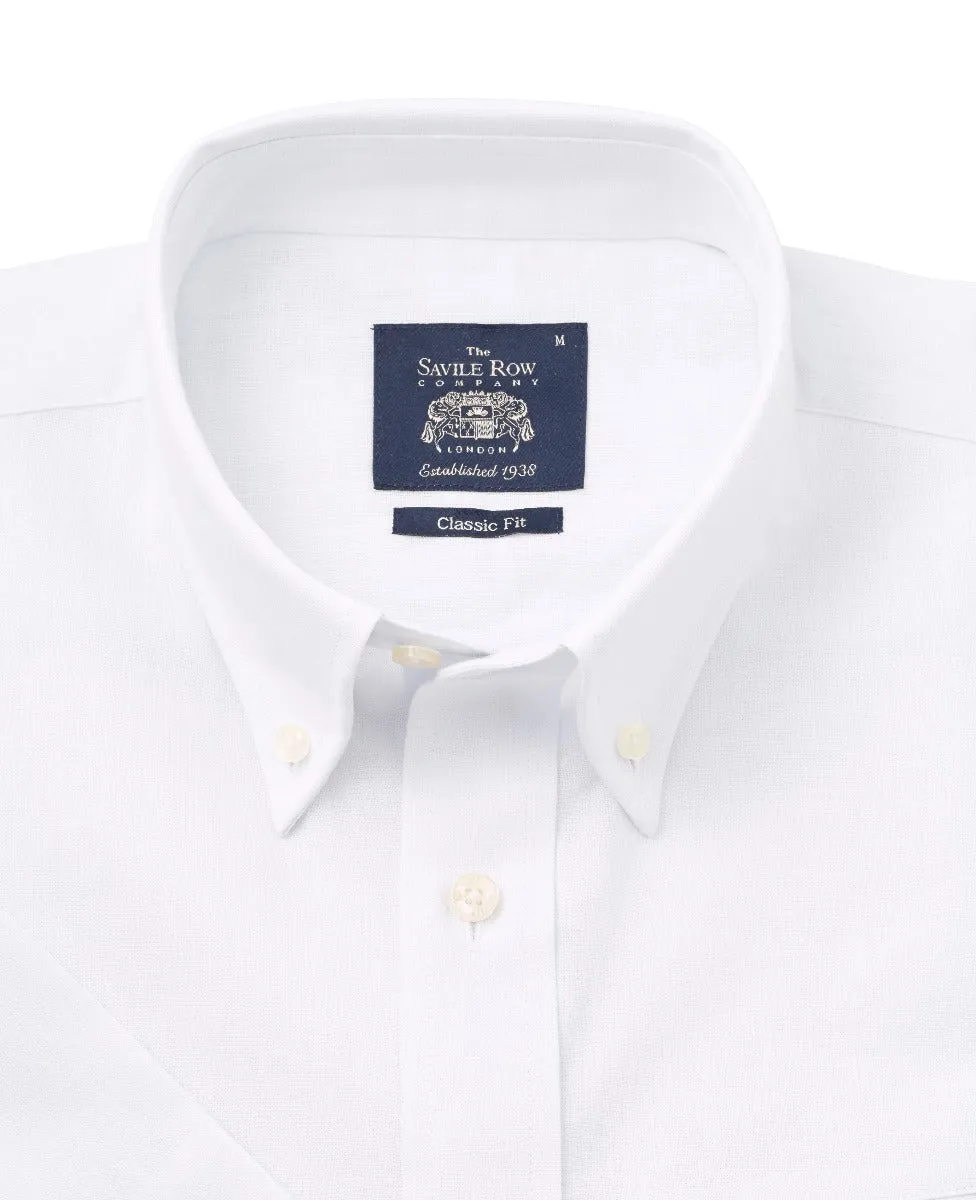 White Linen-Blend Classic Fit Short Sleeve Shirt