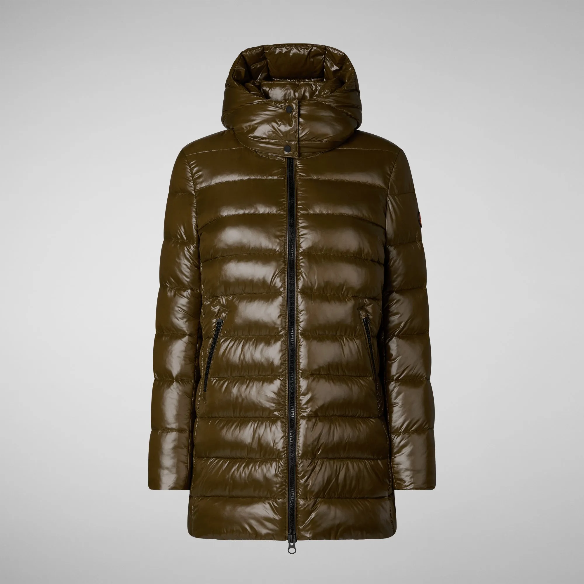 Woman's animal free hooded puffer jacket marjorie in bark green