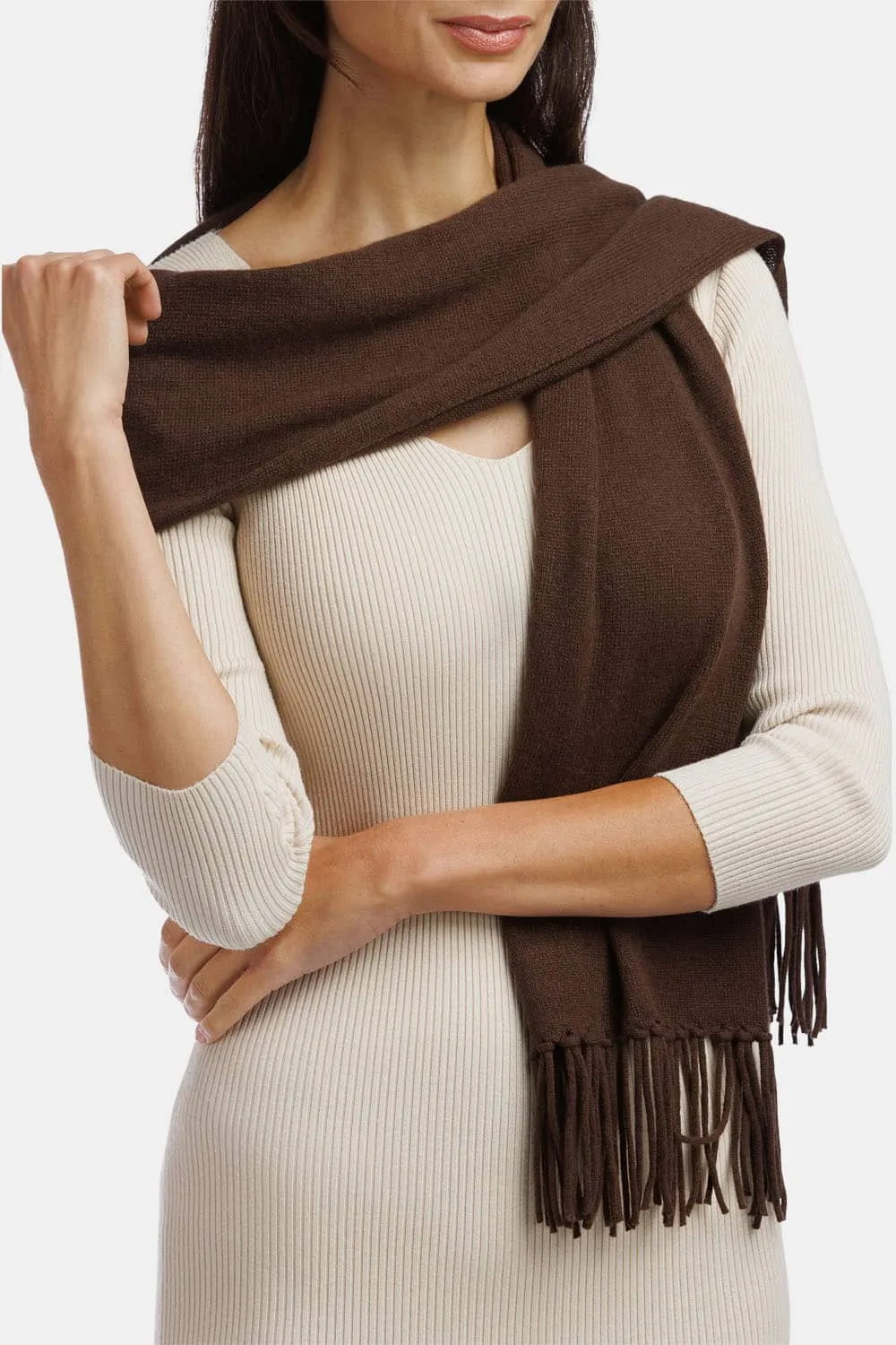 Women's 100% Pure Cashmere Knit Scarf with Fringe and Gift Box