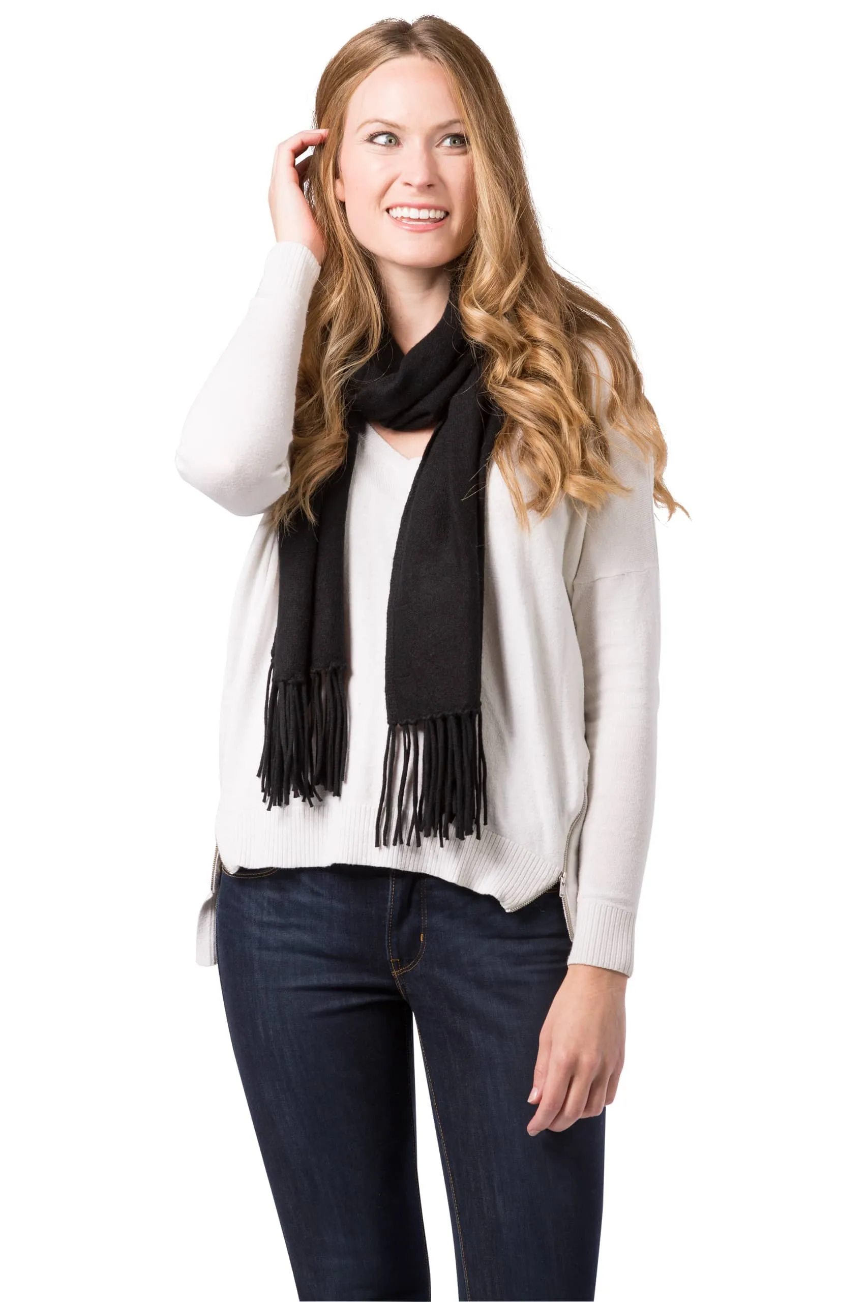 Women's 100% Pure Cashmere Knit Scarf with Fringe and Gift Box