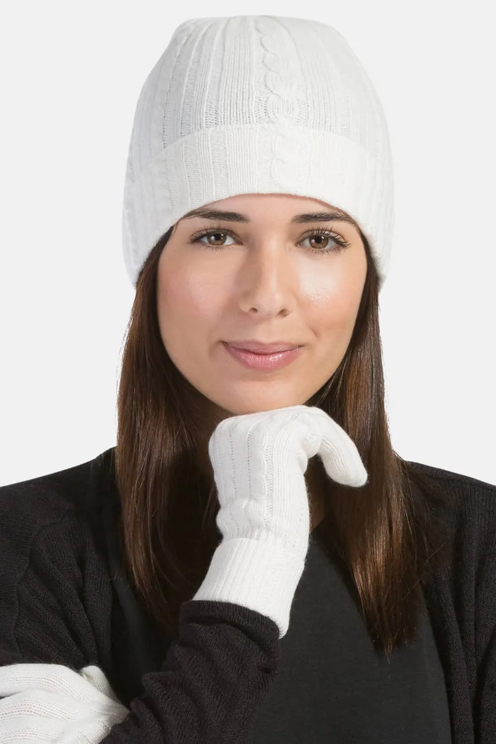 Women's 2pc 100% Pure Cashmere Cable Knit Hat & Glove Set with Gift Box