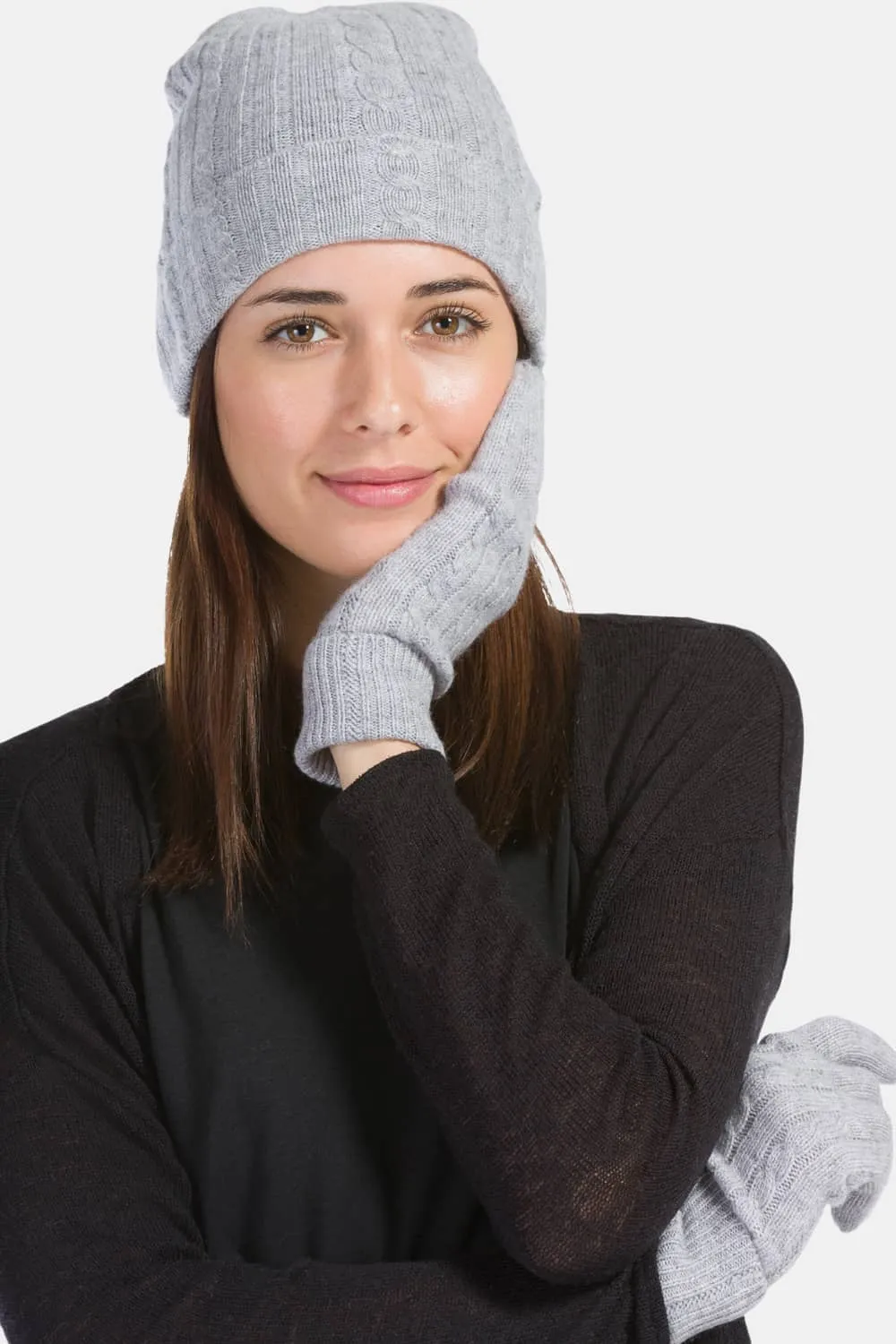 Women's 2pc 100% Pure Cashmere Cable Knit Hat & Glove Set with Gift Box