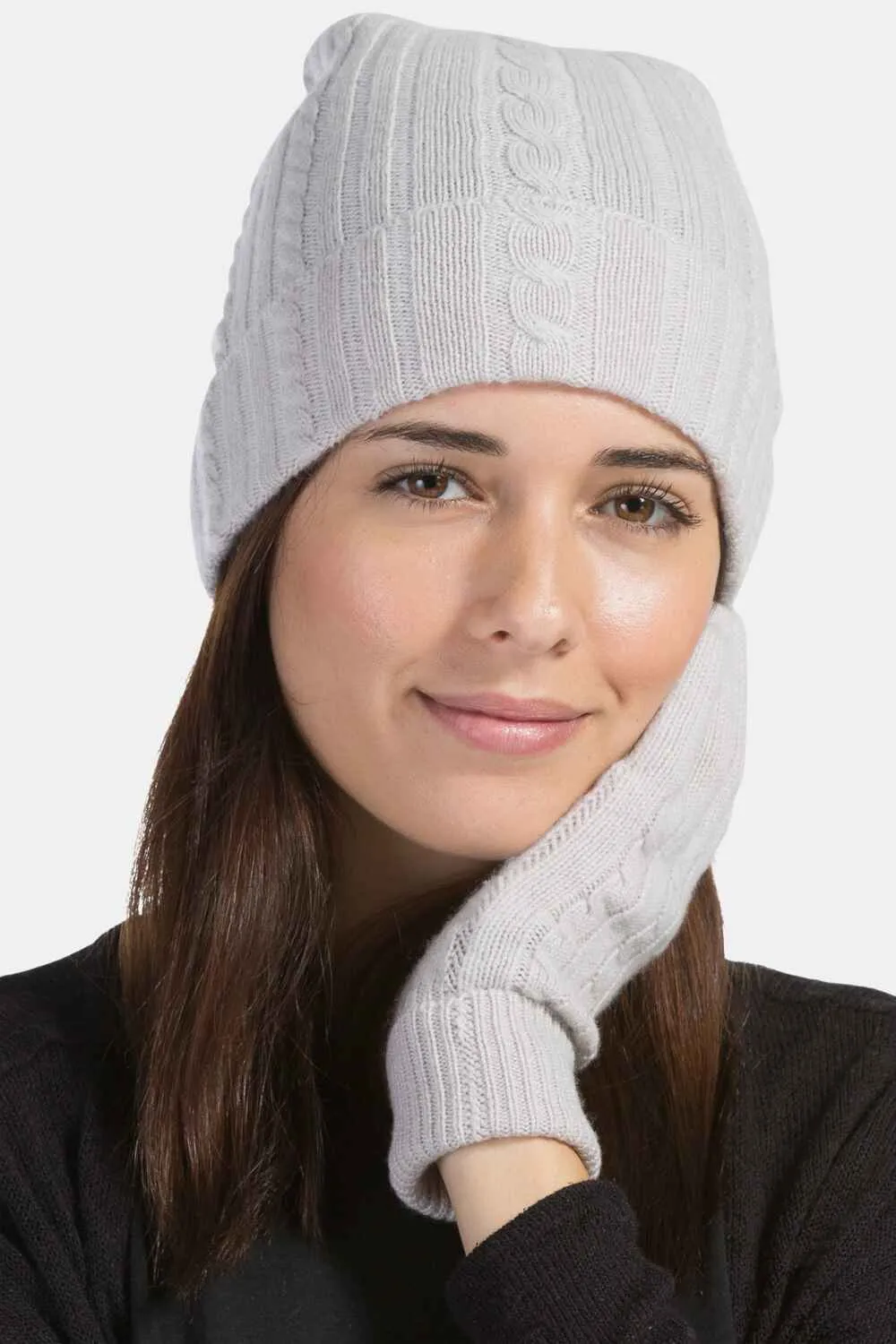 Women's 2pc 100% Pure Cashmere Cable Knit Hat & Glove Set with Gift Box