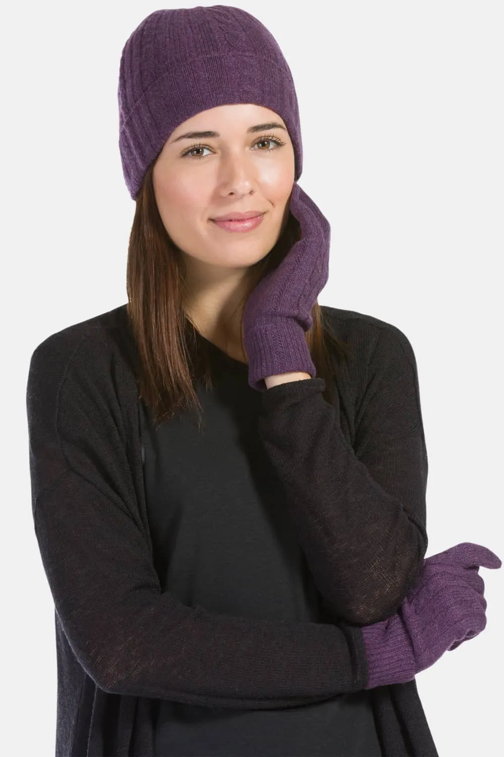 Women's 2pc 100% Pure Cashmere Cable Knit Hat & Glove Set with Gift Box