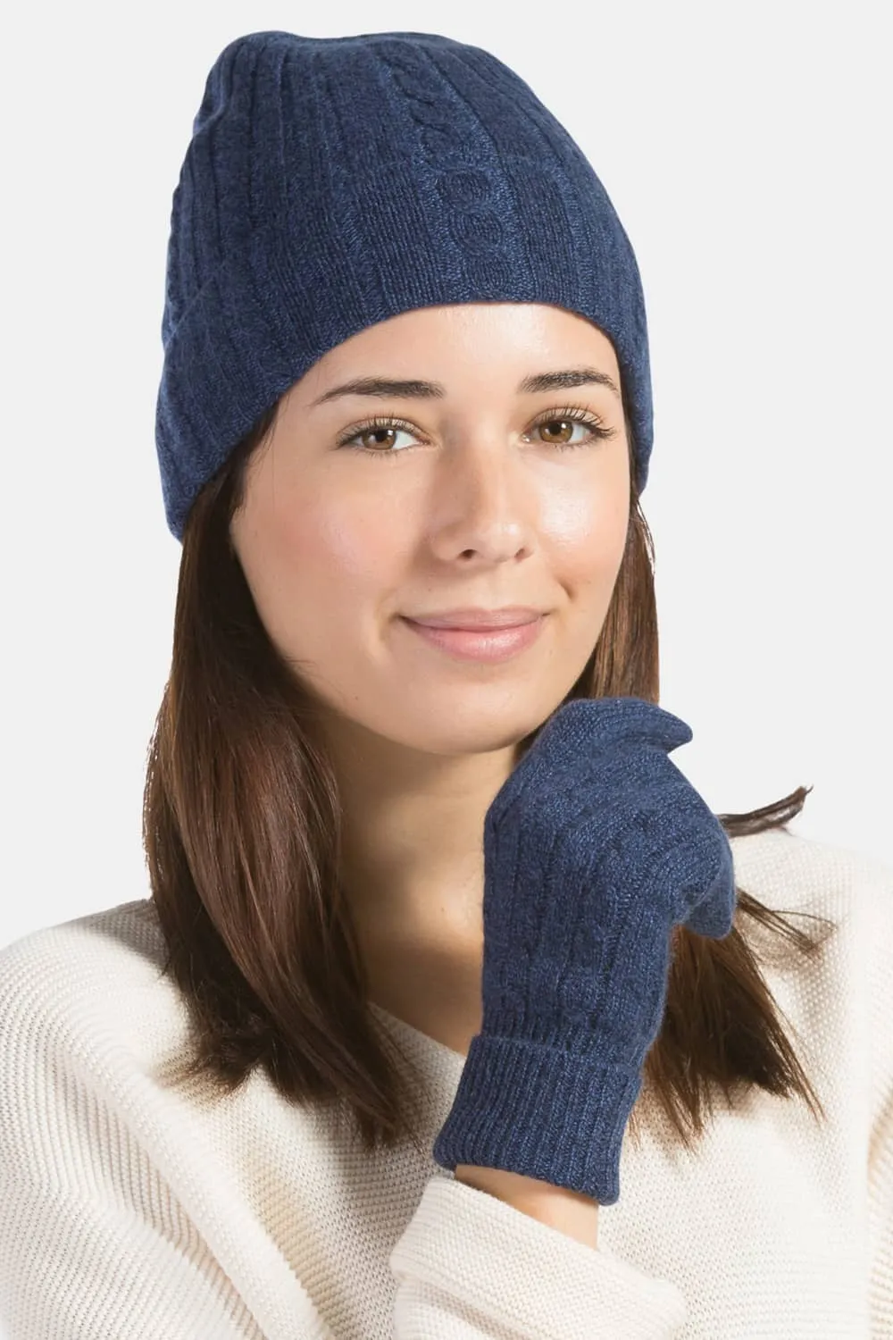 Women's 2pc 100% Pure Cashmere Cable Knit Hat & Glove Set with Gift Box