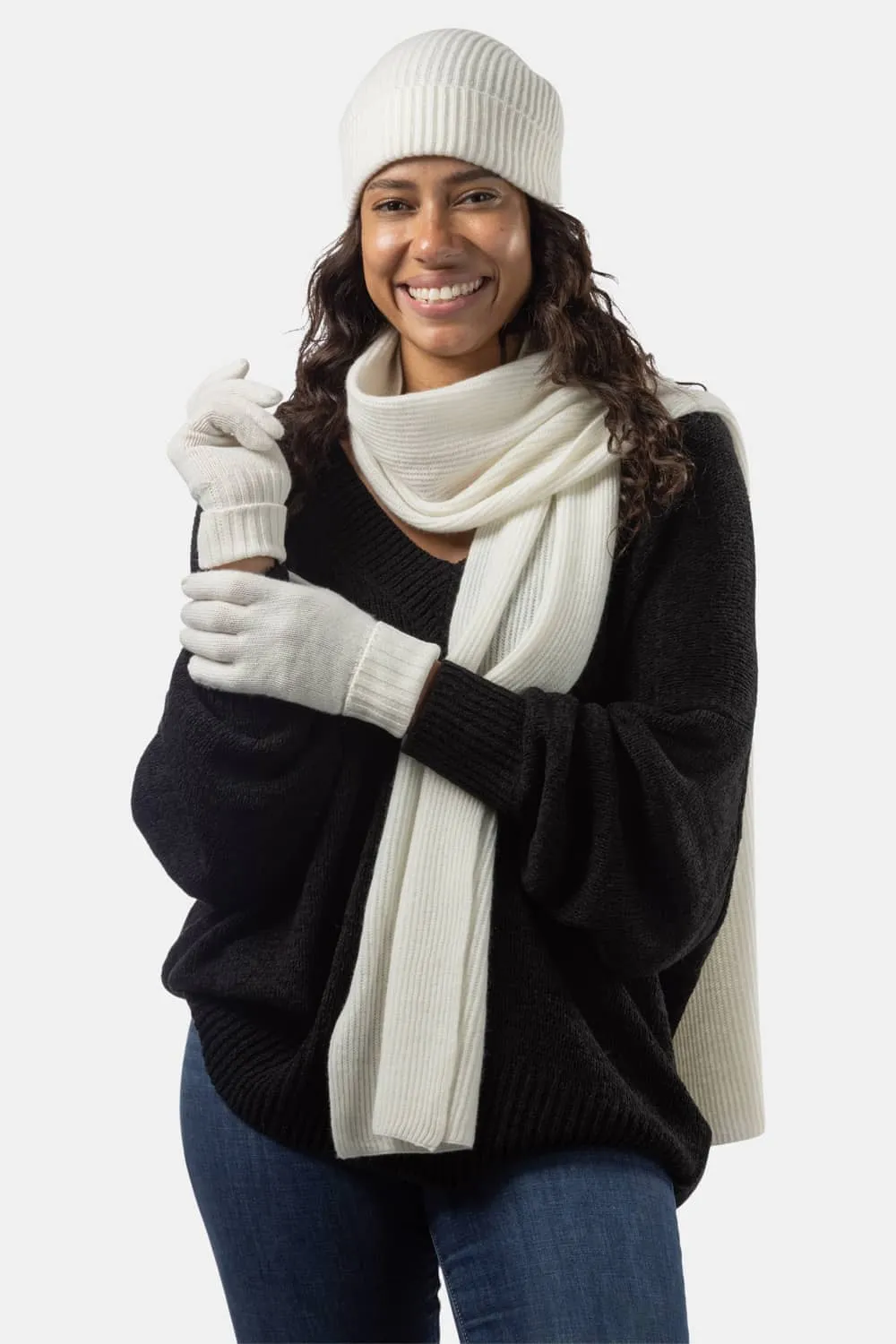 Women's 3pc 100% Cashmere Ribbed Beanie, Glove & Scarf Set with Gift Box