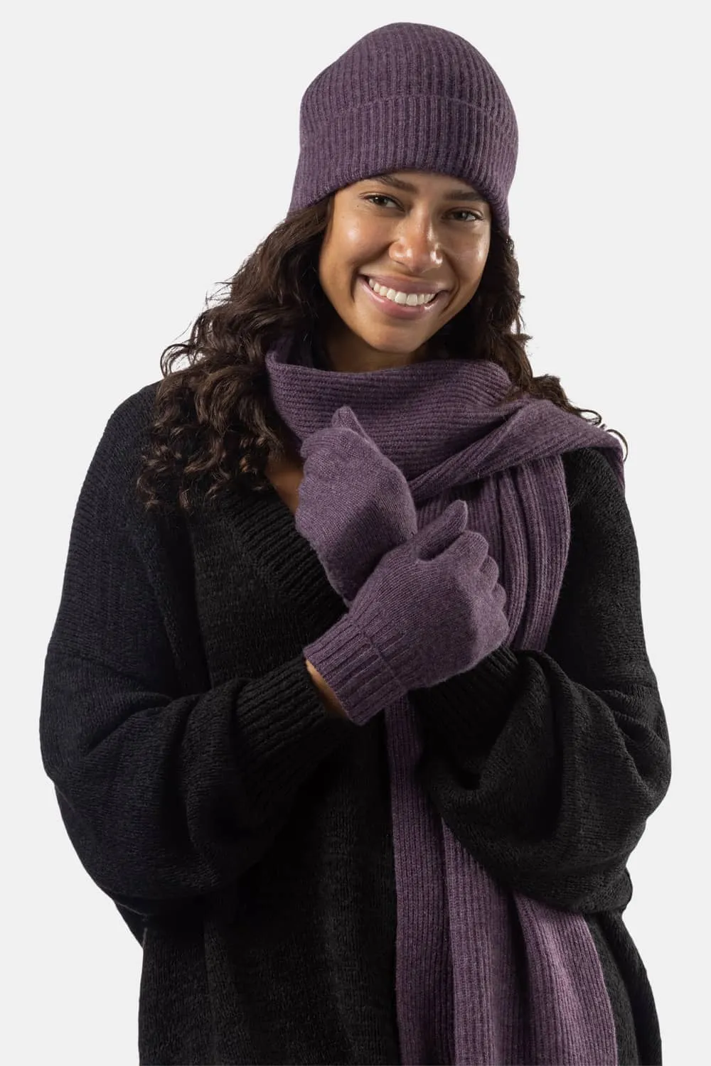 Women's 3pc 100% Cashmere Ribbed Beanie, Glove & Scarf Set with Gift Box