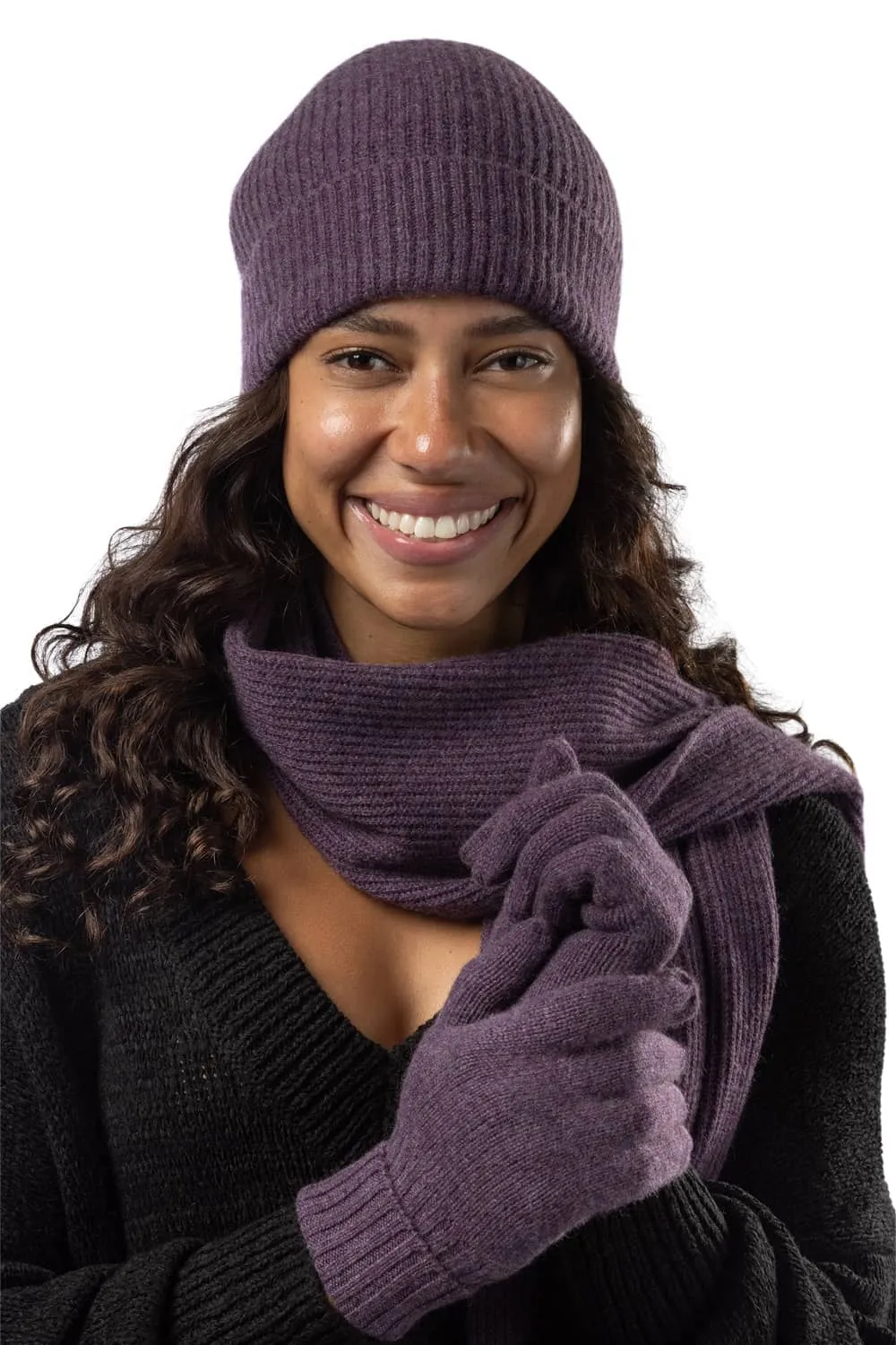 Women's 3pc 100% Cashmere Ribbed Beanie, Glove & Scarf Set with Gift Box