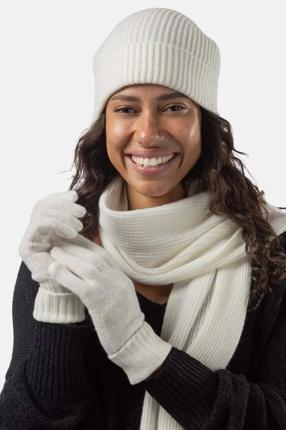 Women's 3pc 100% Cashmere Ribbed Beanie, Glove & Scarf Set with Gift Box