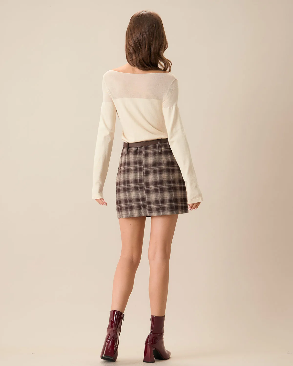 Women's Brown Plaid Straight Mini Skirt