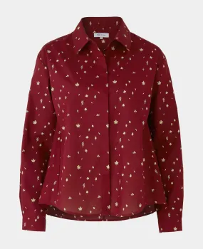 Women's Deep Red Leaf Print A-Line Shirt