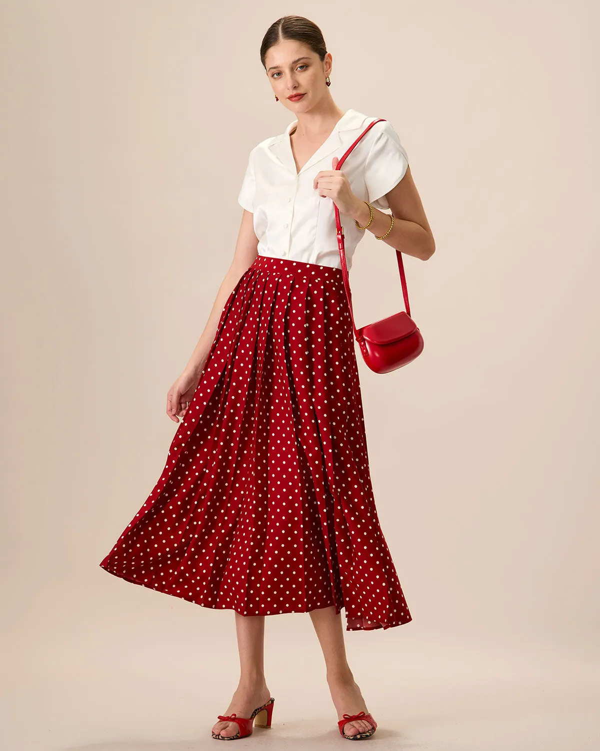 Women's Red High-Waisted Polka Dot Midi Skirt