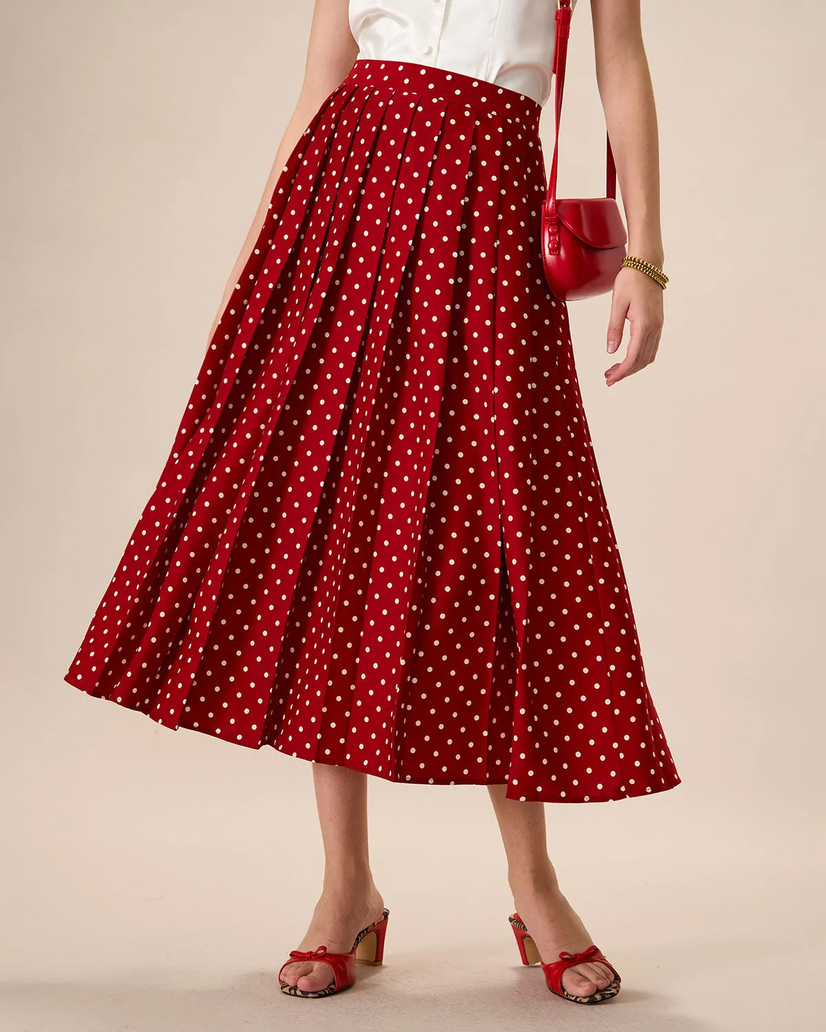 Women's Red High-Waisted Polka Dot Midi Skirt