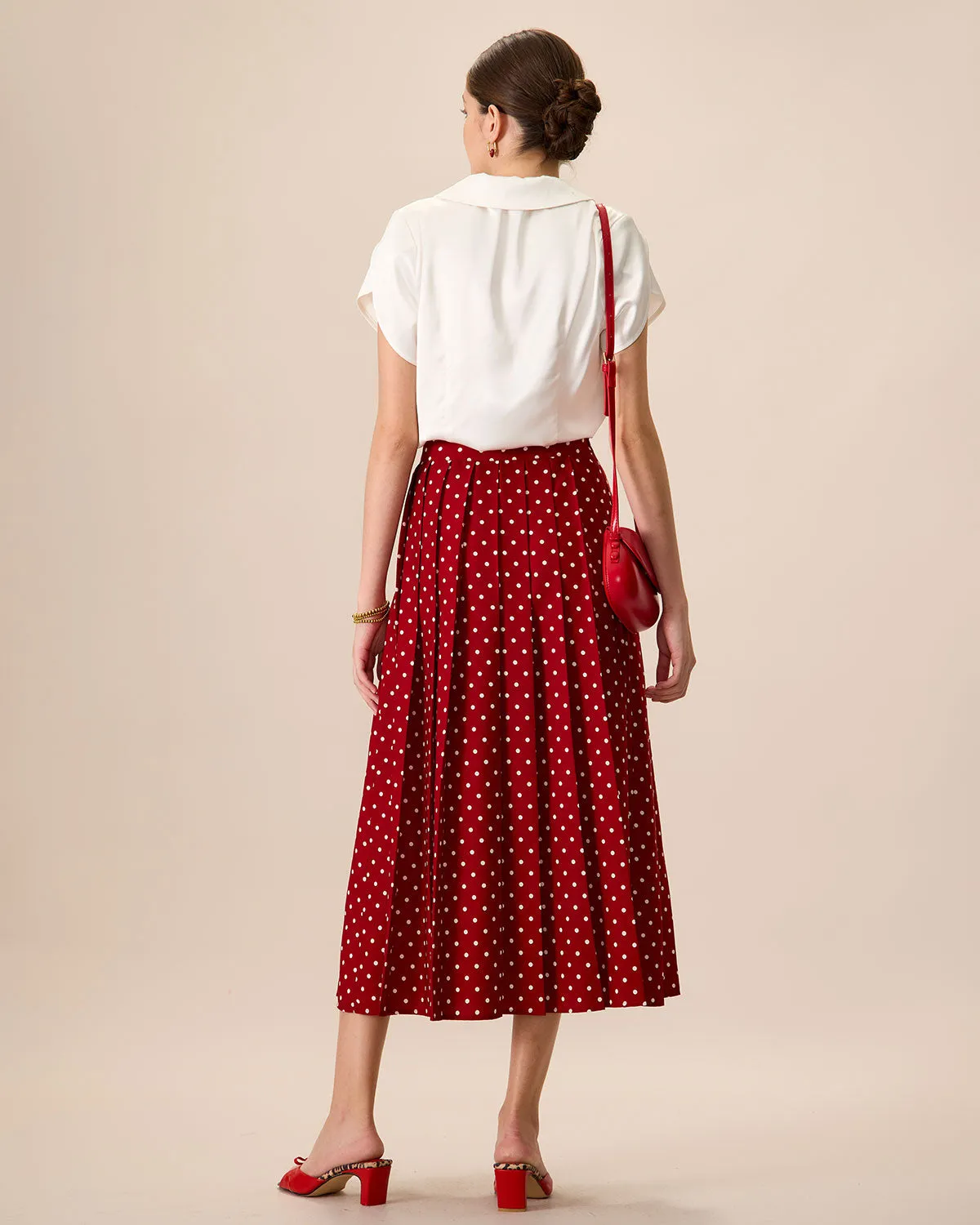 Women's Red High-Waisted Polka Dot Midi Skirt