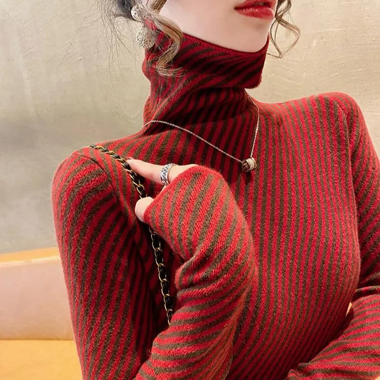 Women's Striped Cashmere Turtleneck Sweater – Slim Fit Warm Knitted Pullover for Winter