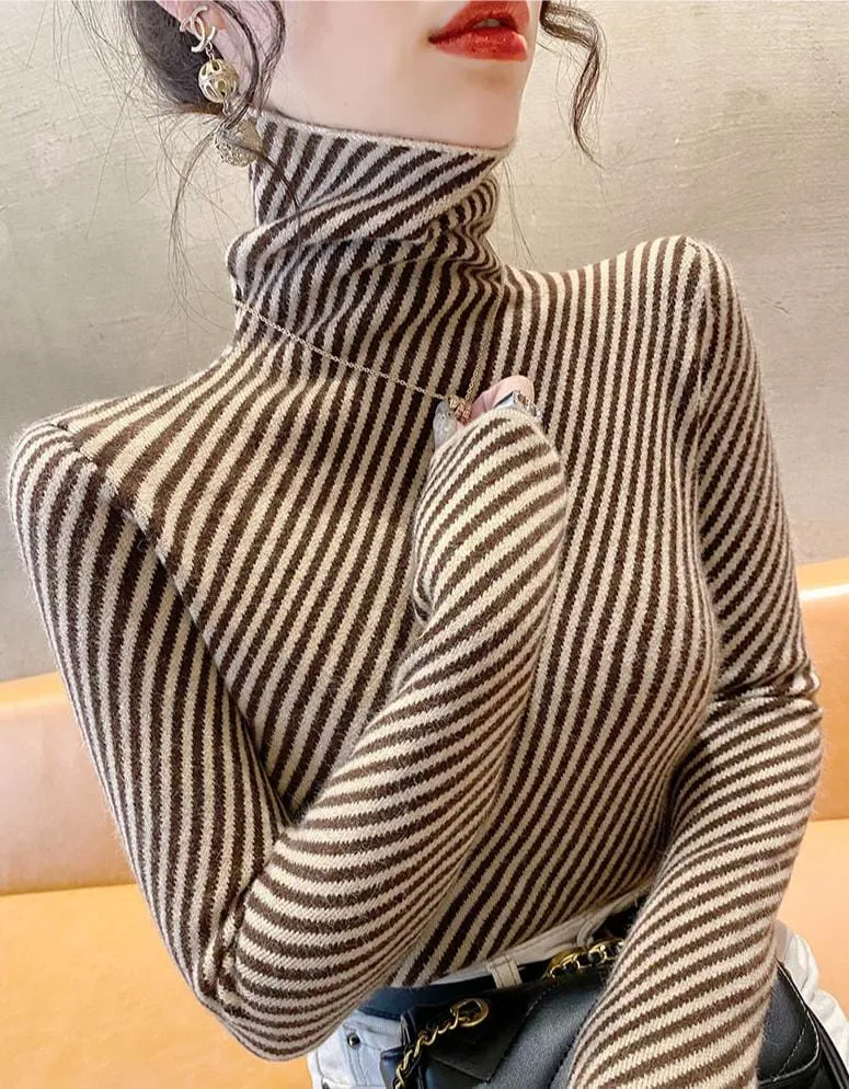 Women's Striped Cashmere Turtleneck Sweater – Slim Fit Warm Knitted Pullover for Winter