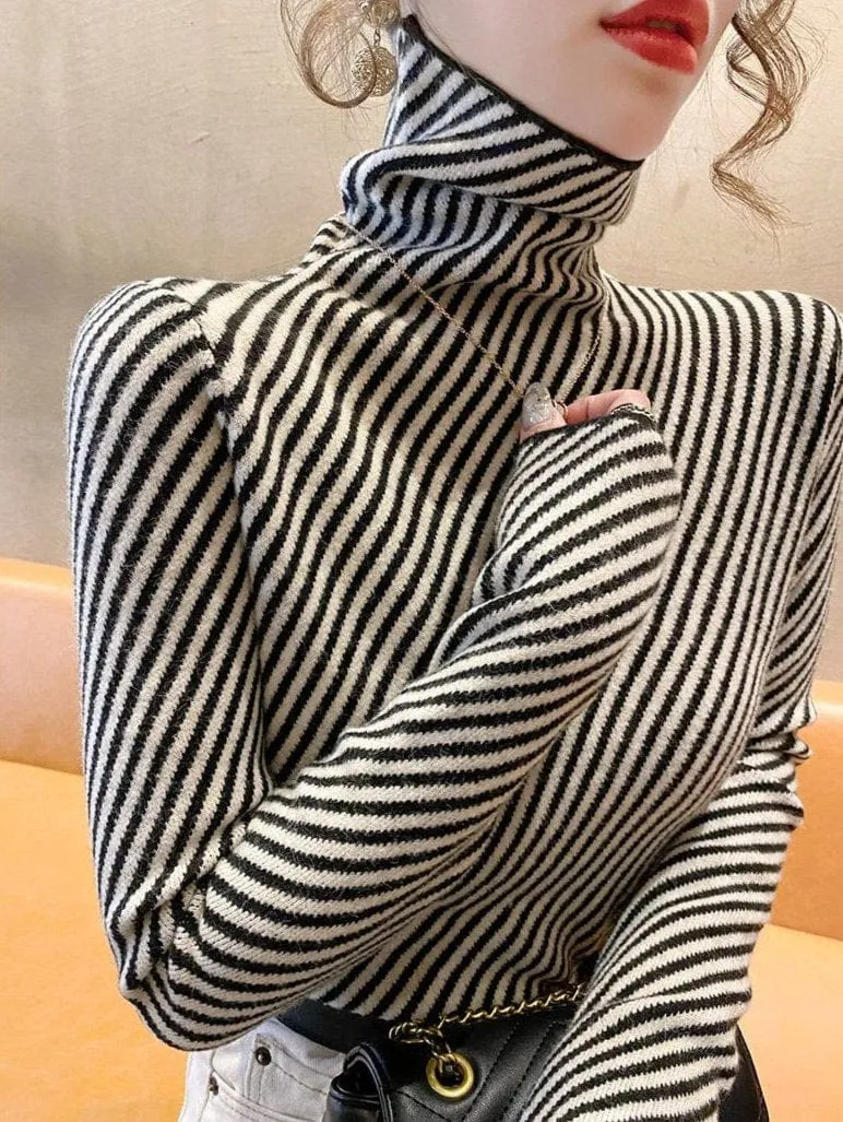 Women's Striped Cashmere Turtleneck Sweater – Slim Fit Warm Knitted Pullover for Winter