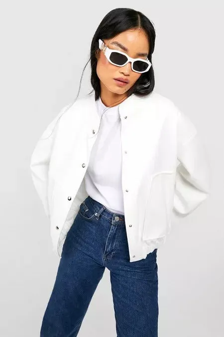 WOOL LOOK OVERSIZED BOMBER JACKET WHITE