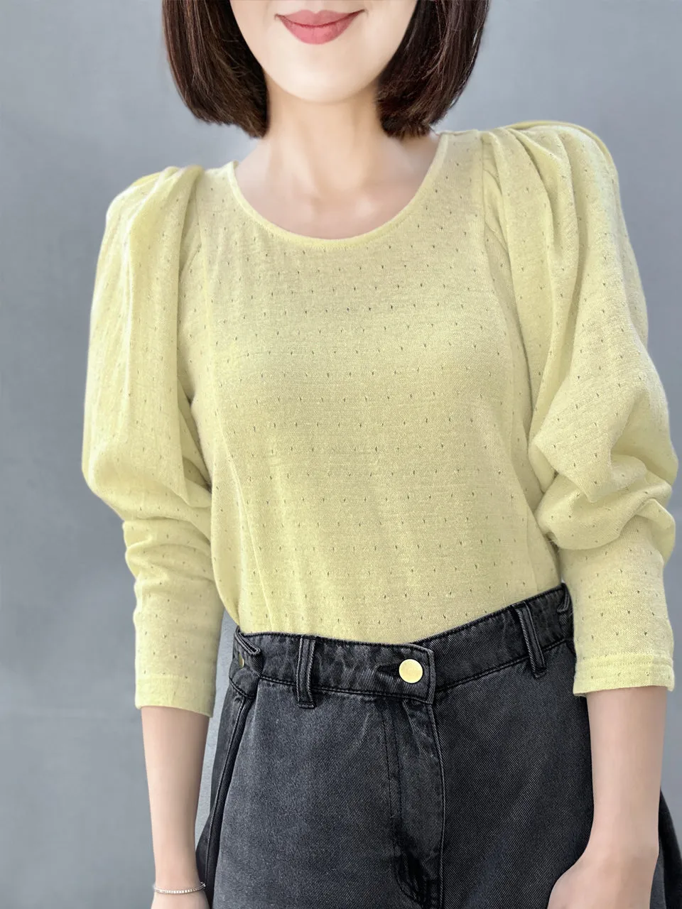 Yellow Lurex Round Collar Pleated Shoulder Knit Top