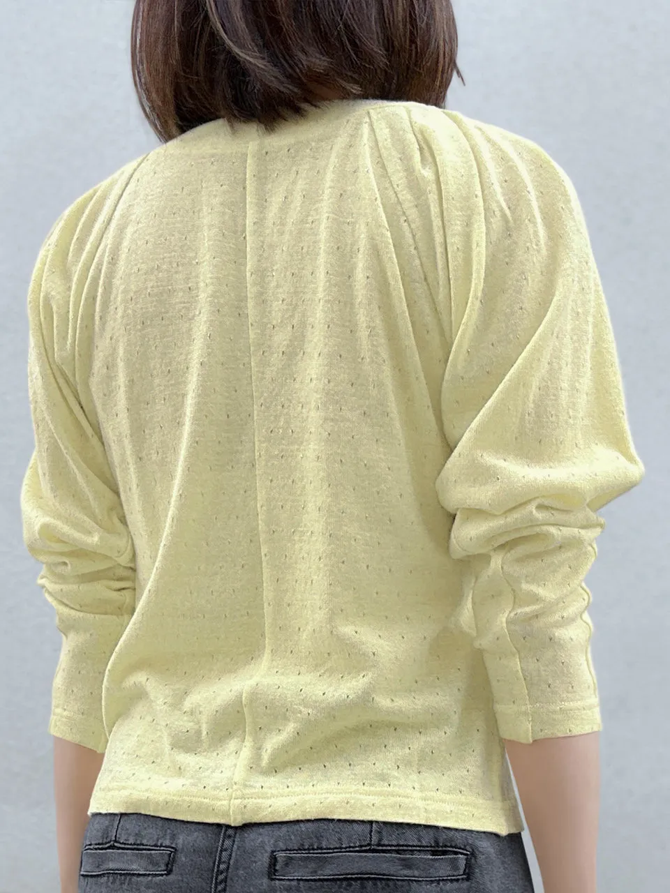 Yellow Lurex Round Collar Pleated Shoulder Knit Top