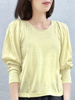 Yellow Lurex Round Collar Pleated Shoulder Knit Top