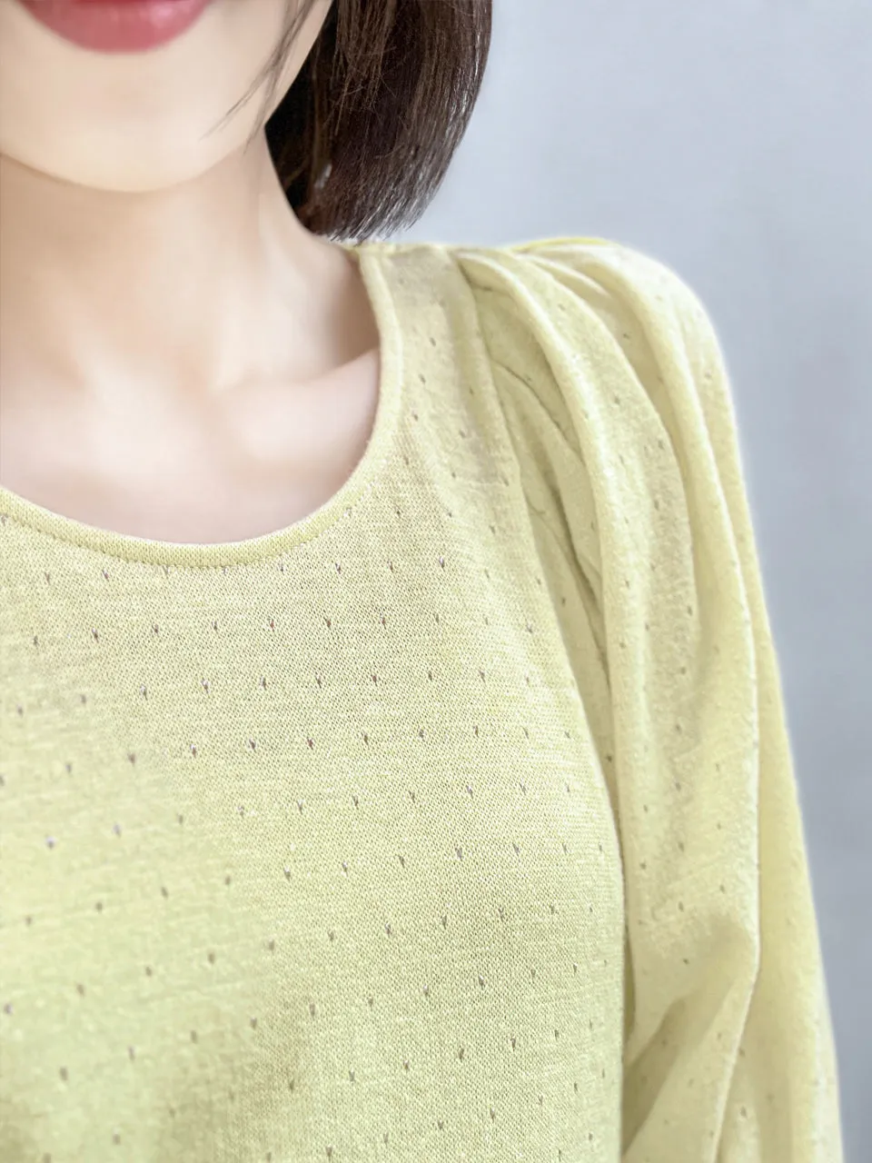 Yellow Lurex Round Collar Pleated Shoulder Knit Top