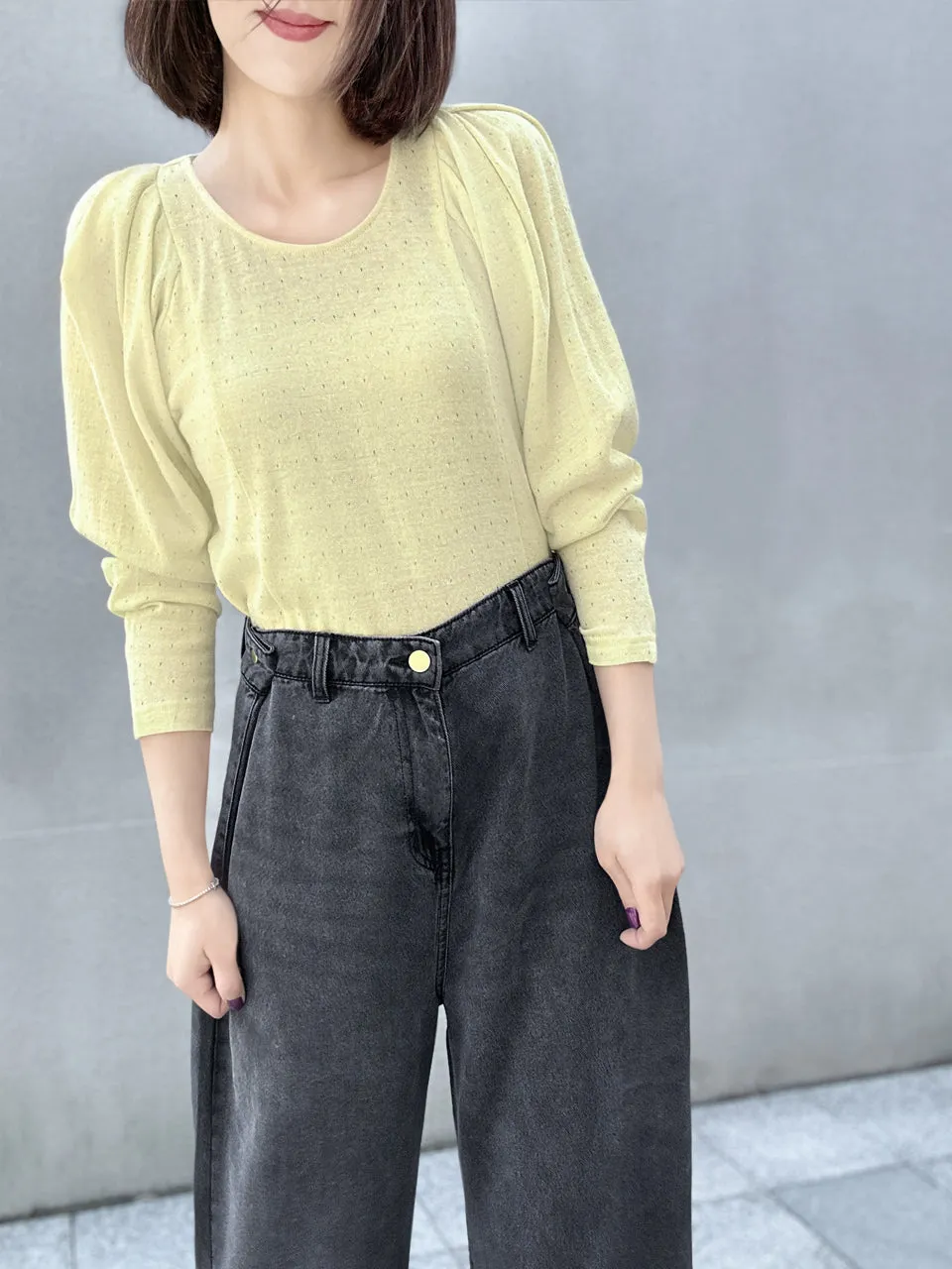 Yellow Lurex Round Collar Pleated Shoulder Knit Top